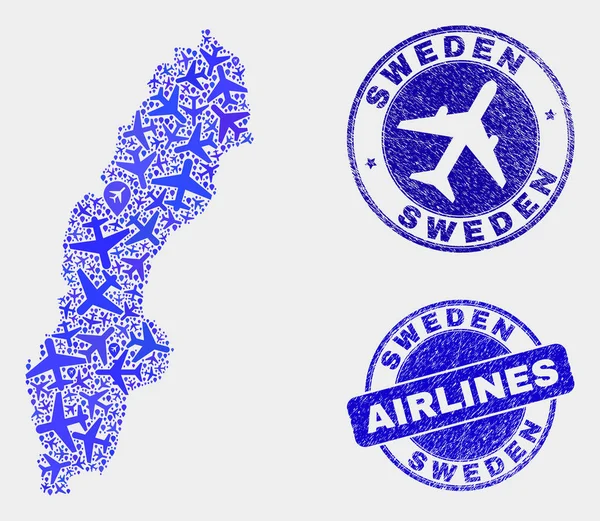 Luftfahrtkomposition Vektor Schweden Karte und Grunge-Briefmarken — Stockvektor