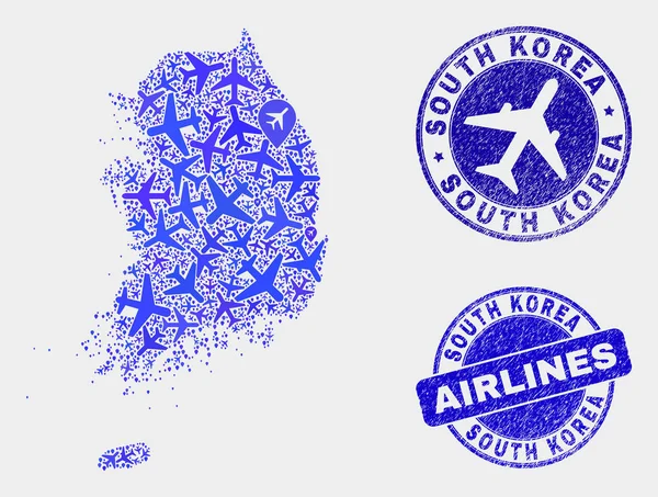 Aero κολάζ διάνυσμα Νότια Κορέα Χάρτης και γκραντζ φώκιες — Διανυσματικό Αρχείο