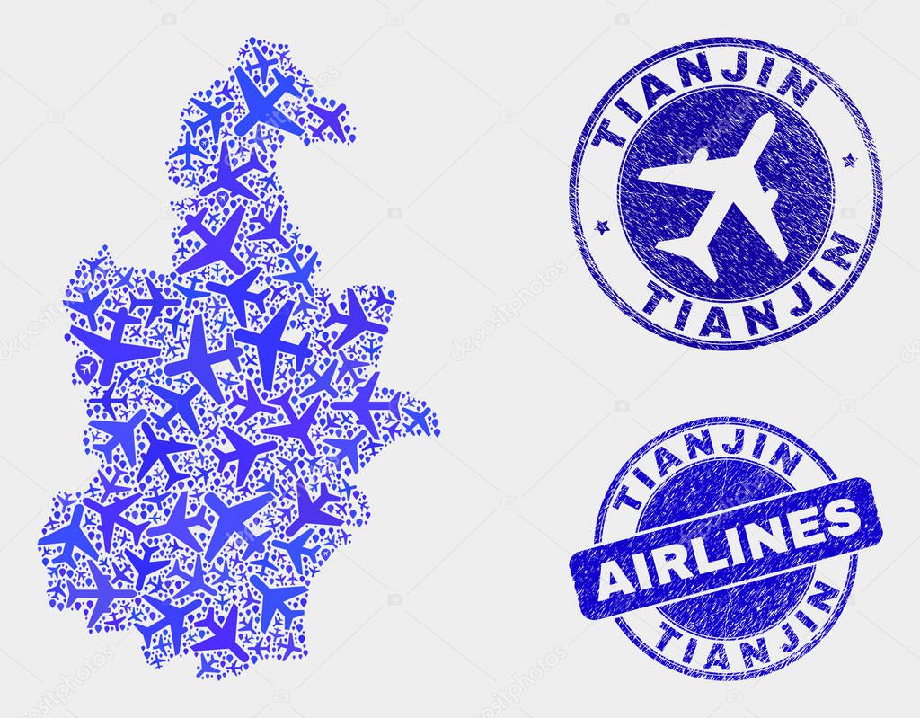 Aircraft Collage Vector Tianjin City Map and Grunge Seals