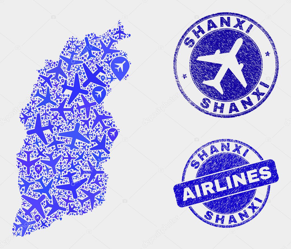 Airflight Collage Vector Shanxi Province Map and Grunge Stamps