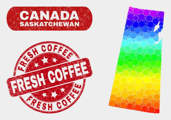 Heldere mozaïek Saskatchewan provincie kaart en bekrast verse koffie stempel — Stockvector