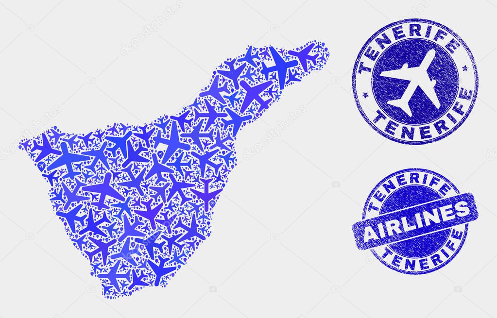 Aviation Collage Vector Tenerife Map and Grunge Stamps