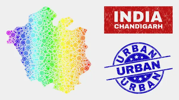 Componente del espectro Mapa de la ciudad de Chandigarh y sellos de sellos urbanos rayados — Vector de stock