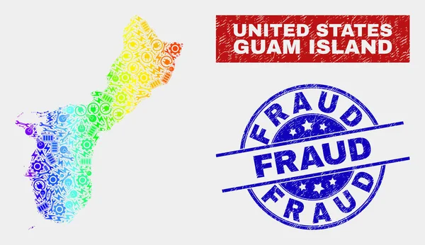 Arco iris coloreado industrial Guam Island mapa y rayado fraude marcas de agua — Vector de stock