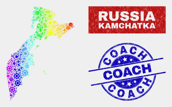 Arco iris coloreado industrial Kamchatka mapa y rayado sellos de sellos Coach — Archivo Imágenes Vectoriales