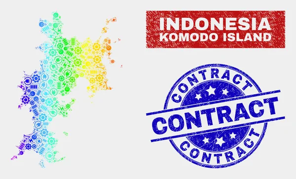 Spectral Assemble Komodo Island Sellos de Mapa y Contrato Grunge — Archivo Imágenes Vectoriales