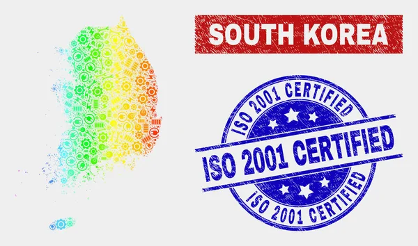 スペクトル生産韓国地図と傷ついたIso 2001認定スタンプシール — ストックベクタ