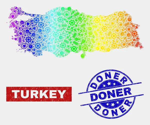 Gökkuşağı Renkli Araçlar Türkiye Haritası ve Grunge Döner Pulları — Stok Vektör