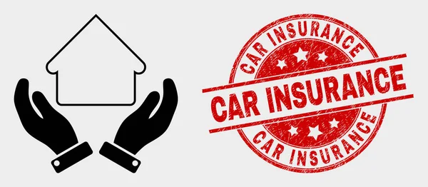 Vector House Care Hands Icono y Grunge Car Insurance Watermark — Vector de stock