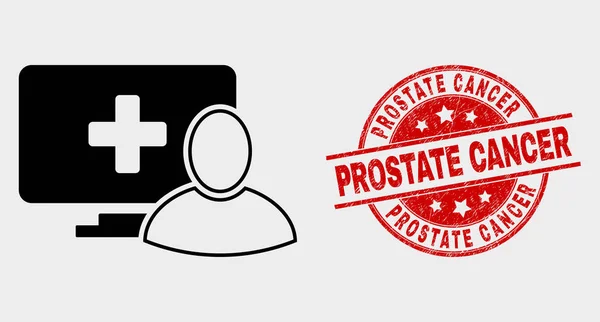 Sello de sello de sello de cáncer de próstata rayado e icono de paciente de computadora vectorial — Vector de stock