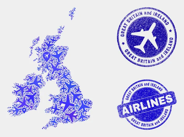 Aeroplane Collage Vector Great Britain and Ireland Map and Grunge Seals — Stock Vector