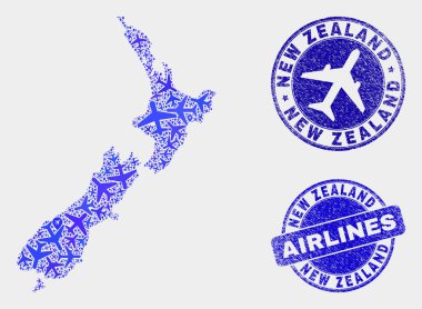 Hava Kompozisyon vektöryeni Zelanda Haritası ve Grunge Seals