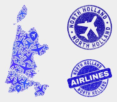 Airflight Kolaj Vektör Kuzey Hollanda Haritası ve Grunge Seals