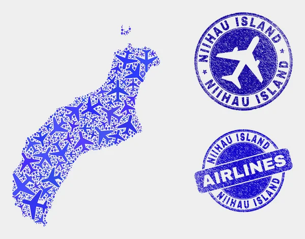 Векторная карта острова Ниихау и гранж-марки авиакомпаний — стоковый вектор