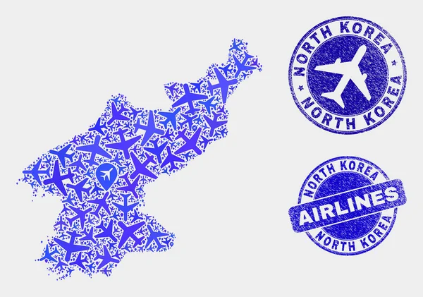 Avión aéreo Collage Vector Corea del Norte Mapa y Grunge Seals — Vector de stock