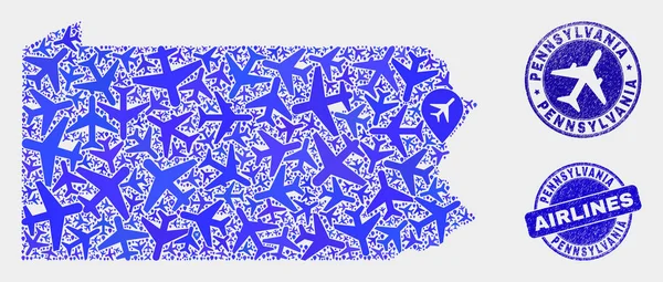 Letecký vektor pro skladbu Pennsylvánie státní mapa a grunge tuleni — Stockový vektor