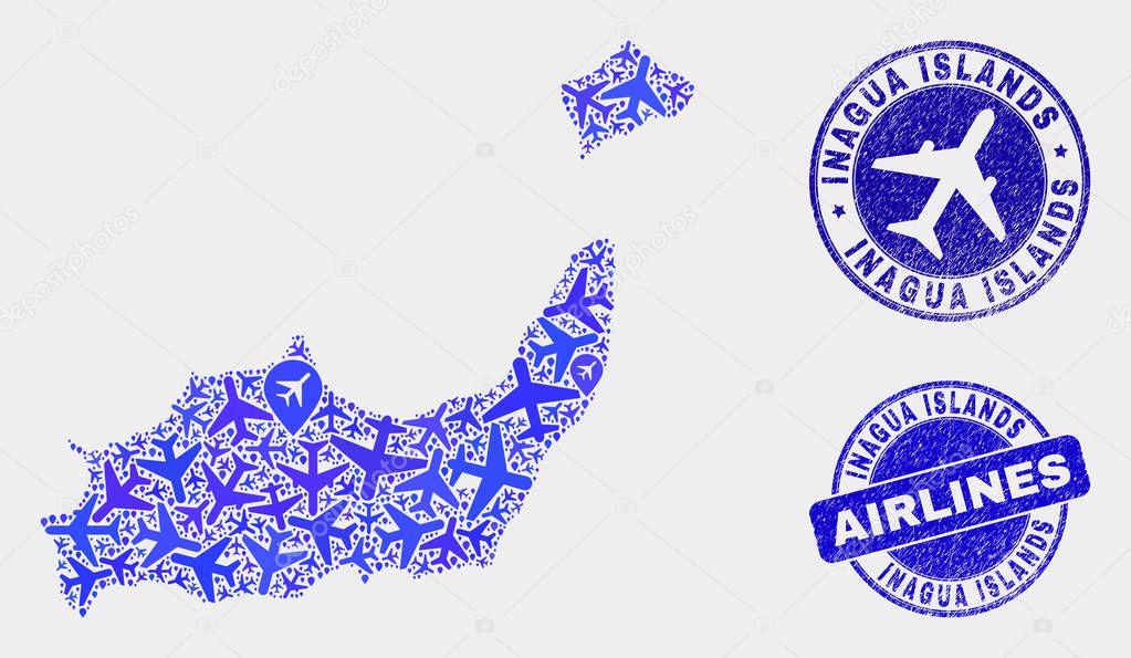 Air plane Composition Vector Inagua Islands Map and Grunge Stamps
