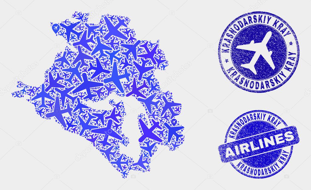 Airplane Composition Vector Krasnodarskiy Kray Map and Grunge Seals