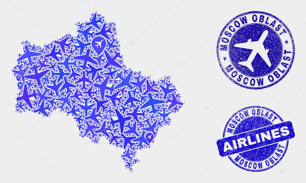 Aeroplane Composition Vector Moscow Region Map and Grunge Seals