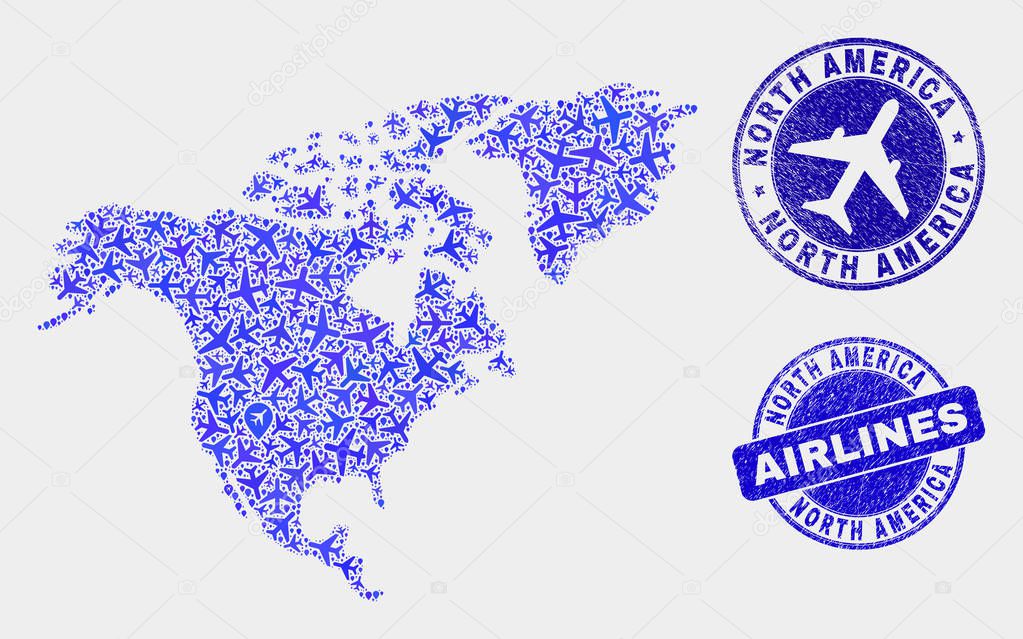 Airplane Mosaic Vector North America Map and Grunge Stamps