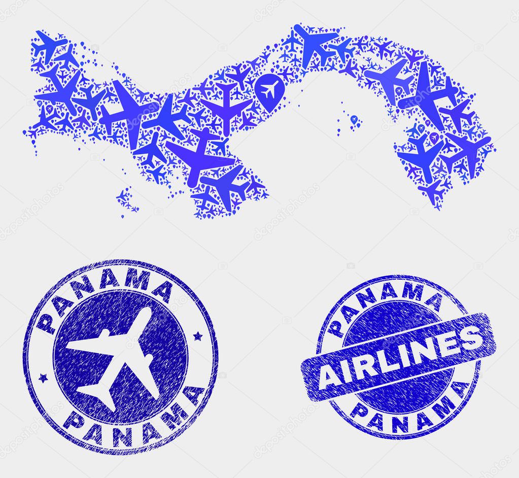 Air plane Collage Vector Panama Map and Grunge Stamps