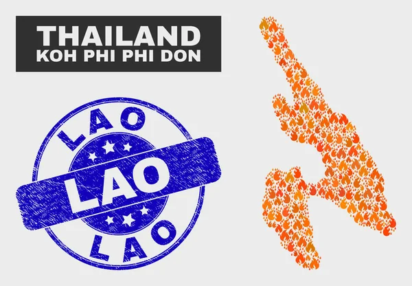 Yanık Mozaik Koh Phi Don Haritası ve Grunge Lao Damga Mühür
