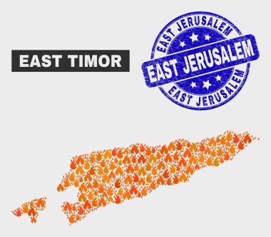 Alev Mozaik Doğu Timor Haritası ve Grunge Doğu Kudüs Damgası