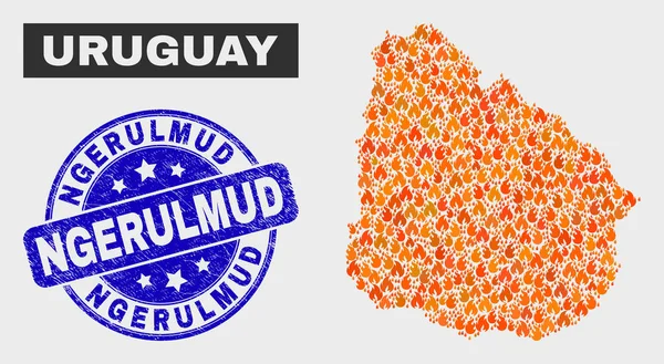 Burn Mosaic Uruguay Mapa y Sello de Ngerulmud Arañado — Vector de stock
