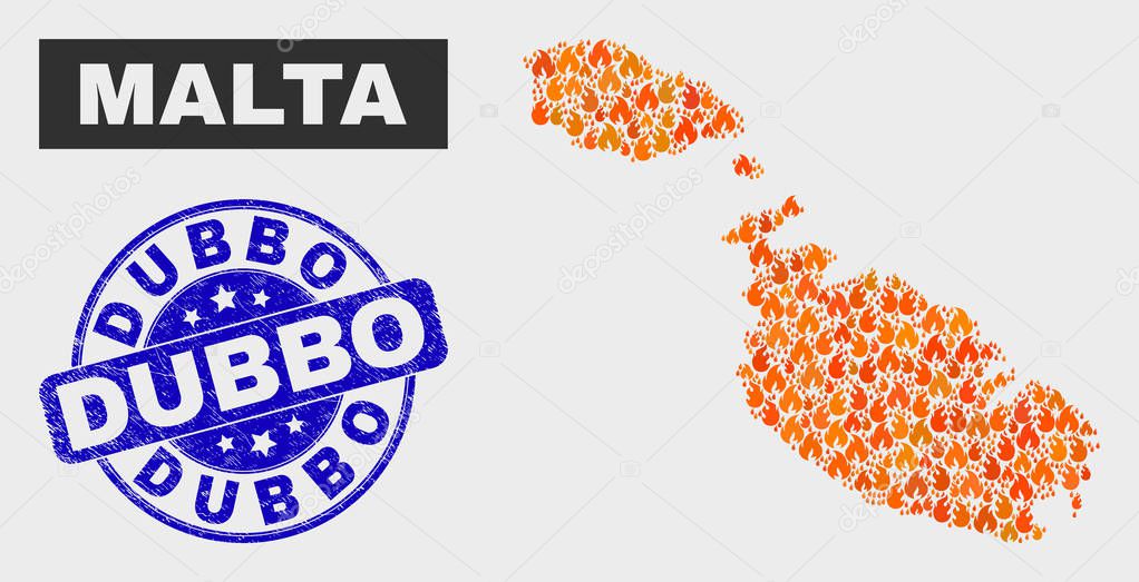Vector Composition Of Burn Malta Map And Blue Rounded Scratched Dubbo Watermark Orange Malta Map Mosaic Of Flame Icons Vector Composition For Fire Protection Services And Dubbo Watermark Premium Vector In
