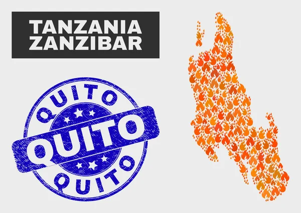 Mosaico de Fuego Zanzíbar Island Mapa y Sello de Sello de Quito Rasguñado — Vector de stock
