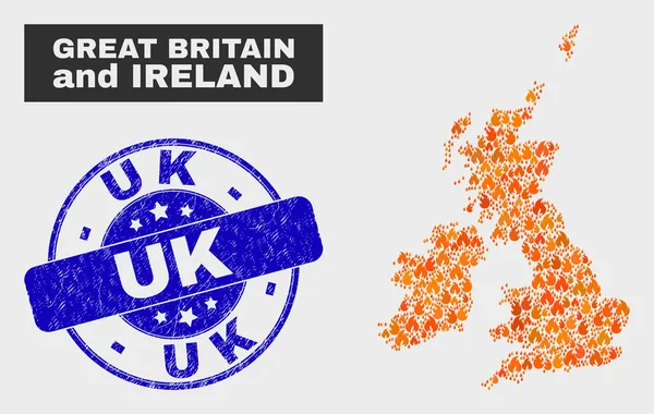 Η φωτιά του μωσαϊκού Μεγάλη Βρετανία και Ιρλανδία χάρτη και γδαρμένο βρετανικό σφραγίδα σφραγίδα — Διανυσματικό Αρχείο
