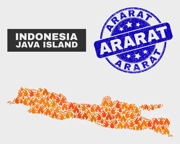 Peta Pulau Jawa Mosaik Api dan Segel Ararat Tergores - Stok Vektor