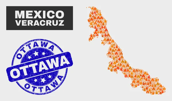 Fuego Mosaico Veracruz Estado Mapa y Grunge Ottawa marca de agua — Vector de stock