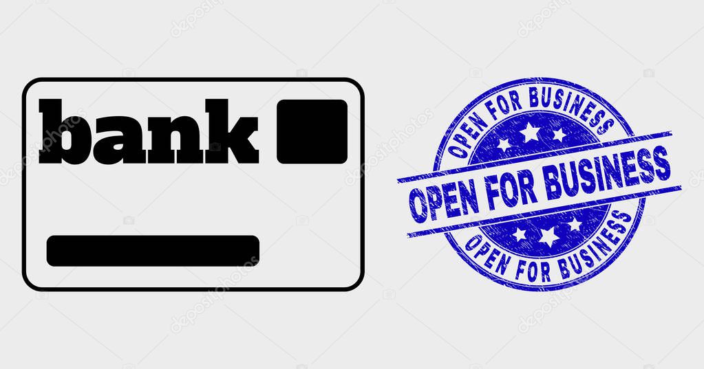 Vector Stroke Bank Card Icon and Distress Open for Business Seal