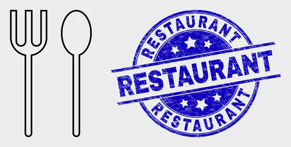 Vektor Outline Spoon dan Fork Icon dan Scratched Restaurant Stamp - Stok Vektor