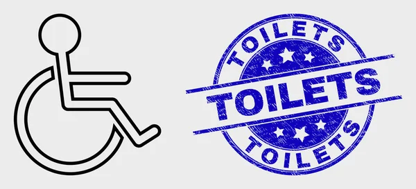 Векторна контурна ікона інвалідний візок та печатка туалетів — стоковий вектор