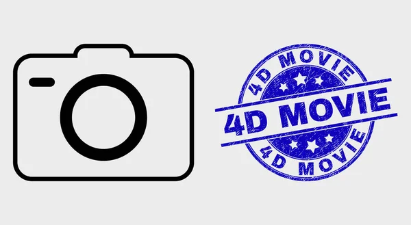 Vetor esboço foto câmera ícone e riscado 4D filme selo selo — Vetor de Stock