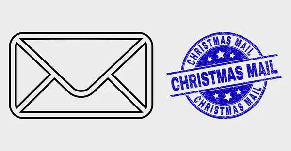 Vector kontur koperta ikona i grunge Christmas mail pieczęć — Wektor stockowy