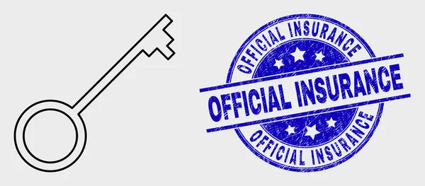 Ícone chave do curso do vetor e selo oficial riscado do selo do seguro — Vetor de Stock