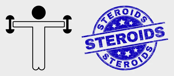 Vector lineaire fitness persoon pictogram en bekraste steroïden stempel zegel — Stockvector