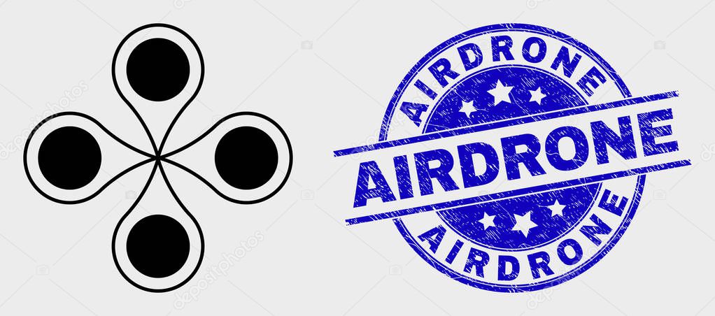Vector Outline Quadrocopter Icon and Distress Airdrone Stamp Seal