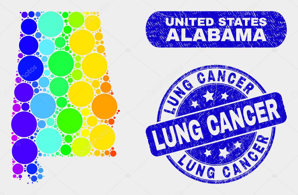 Spectral Mosaic Alabama State Map and Grunge Lung Cancer Stamp