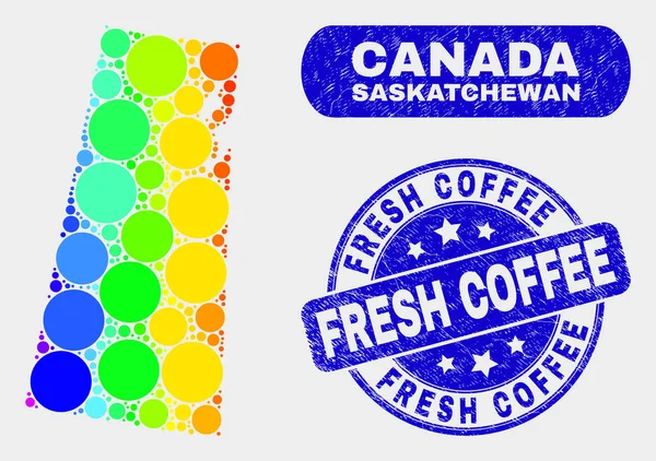 Spectrum mozaïek Saskatchewan provincie kaart en grunge verse koffie stempel zegel — Stockvector