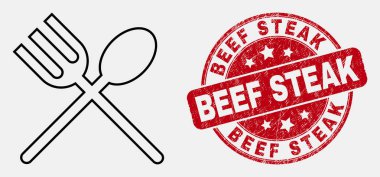 Vektör Lineer Kaşık ve Çatal Simgesi ve Distress Beef Steak Filigran