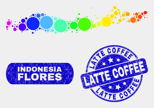 สเปกตรัมโมเสค Flores หมู่เกาะอินโดนีเซียแผนที่และ Grunge Latte กาแฟตราประทับ — ภาพเวกเตอร์สต็อก