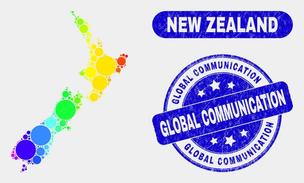 Mapa colorido da Nova Zelândia em mosaico e selo de comunicação global riscado — Vetor de Stock