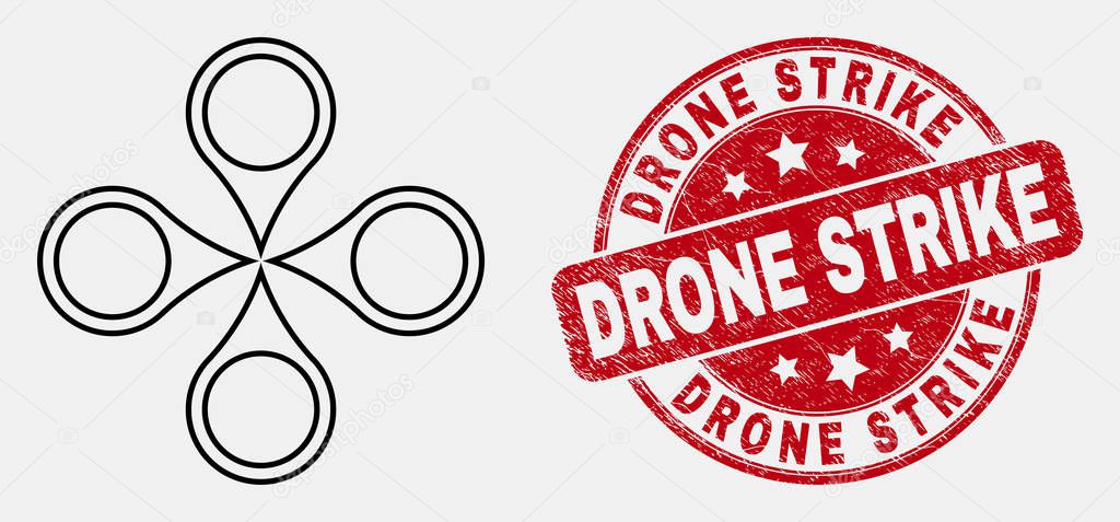 Vector Contour Quadrocopter Icon and Scratched Drone Strike Stamp Seal