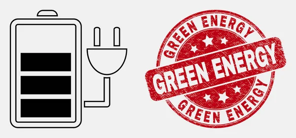矢量轮廓充电电池图标和遇险绿色能源邮票印章 — 图库矢量图片