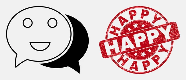 Vektor linear happy chat icon und grunge happy seal — Stockvektor
