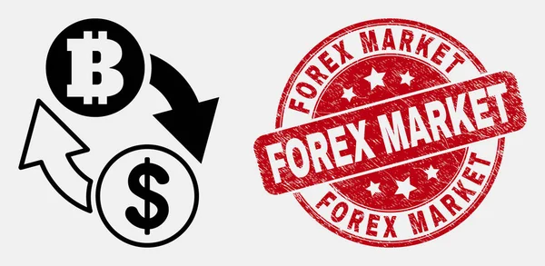 Dólar do contorno do vetor Ícone de troca Bitcoin e selo de mercado Forex Grunge — Vetor de Stock